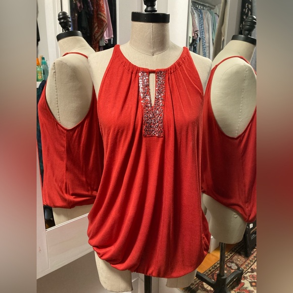 Ann Taylor Loft Red Sleeveless Top with Silver Sequins, Elastic Waist, Size LP - Picture 1 of 10